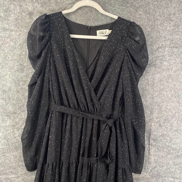 Eliza J Maxi Dress 6 Black Long Puff Sleeve Faux Wrap Studded Chiffon V-Neck - Picture 5 of 14